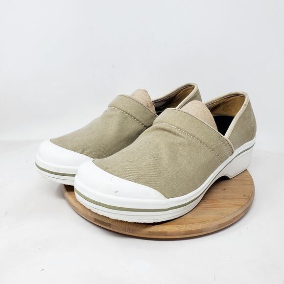 Dansko Volley Clogs Womens 41 Khaki Canvas White Chunky Slip On Sneaker Shoes - Picture 2 of 13